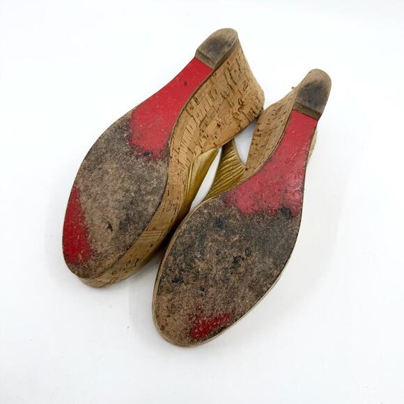 CHRISTIAN LOUBOUTIN Red Bottoms Gold Slingback Peep Toe Cork Platform Wedges - Picture 6 of 11